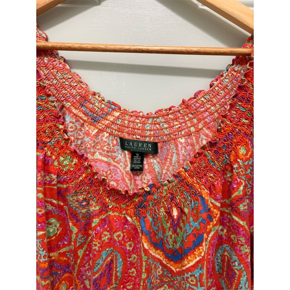 Lauren Ralph Lauren Blouse Womens 1X Orange Paisley Peasant Short Sleeve - Picture 4 of 6